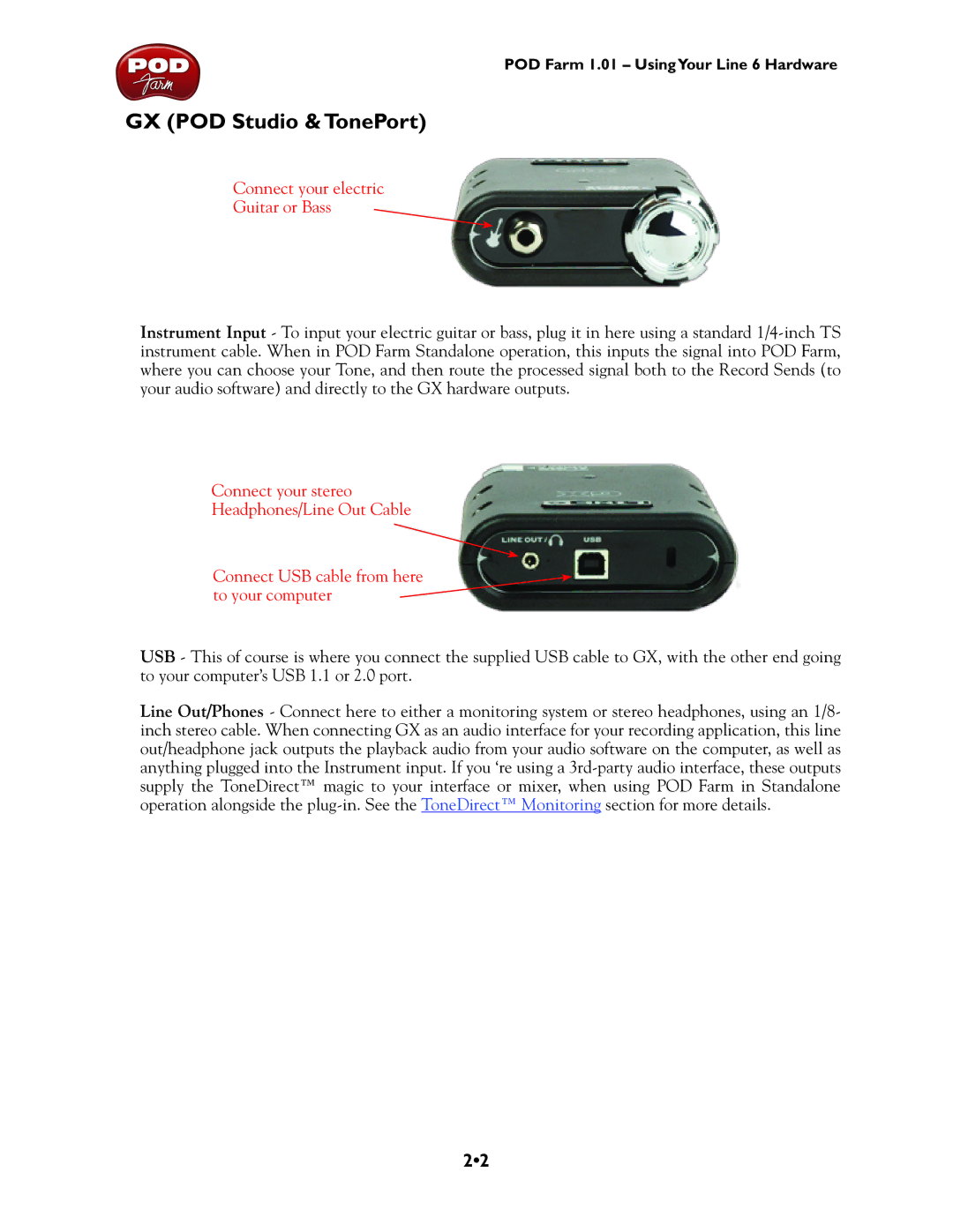 Line 6 TonePort KB37, TonePort UX8, TonePort DI, UX1, UX2 manual GX POD Studio & TonePort, Connect your electric Guitar or Bass 