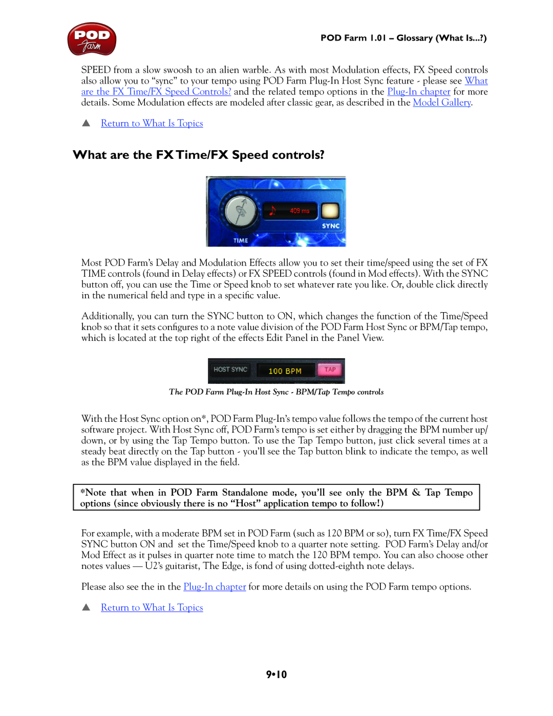 Line 6 TonePort UX8, TonePort DI, GX, UX1, TonePort KB37, UX2 manual What are the FX Time/FX Speed controls?, 910 