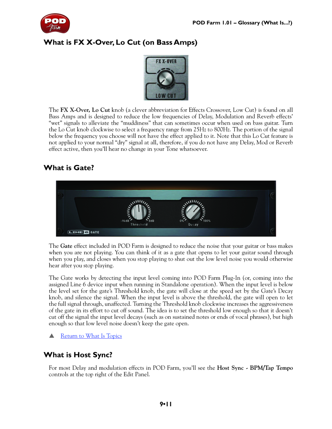 Line 6 TonePort DI, TonePort UX8, GX, UX1, UX2 What is FX X-Over, Lo Cut on Bass Amps, What is Gate?, What is Host Sync?, 911 