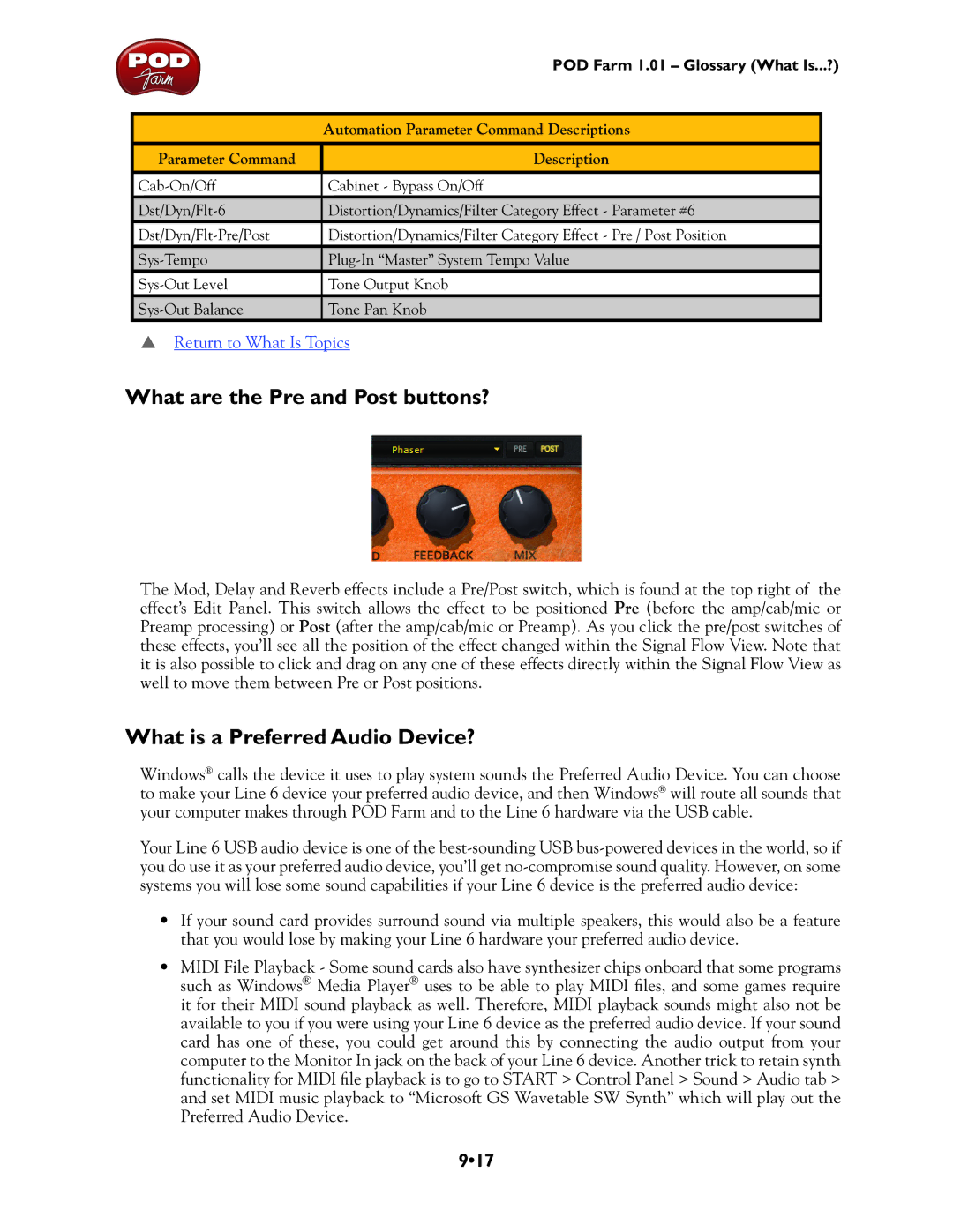 Line 6 TonePort DI, TonePort UX8, GX, UX1, UX2 What are the Pre and Post buttons?, What is a Preferred Audio Device?, 917 