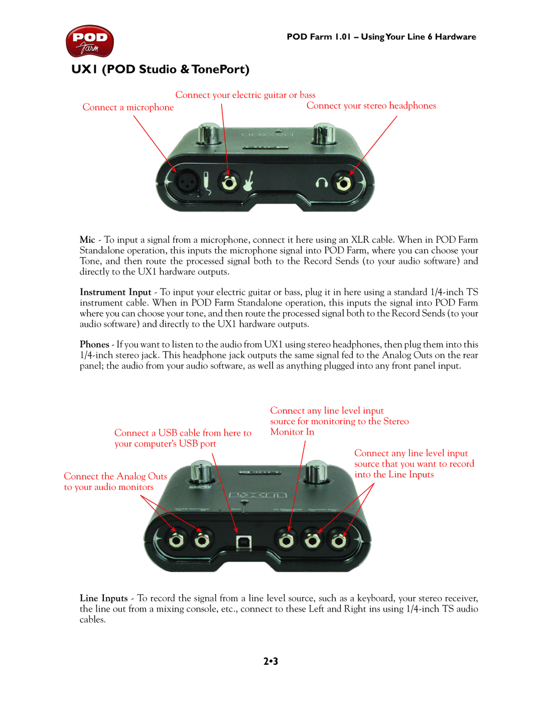 Line 6 UX2, TonePort UX8, TonePort DI, GX, TonePort KB37 manual UX1 POD Studio & TonePort 