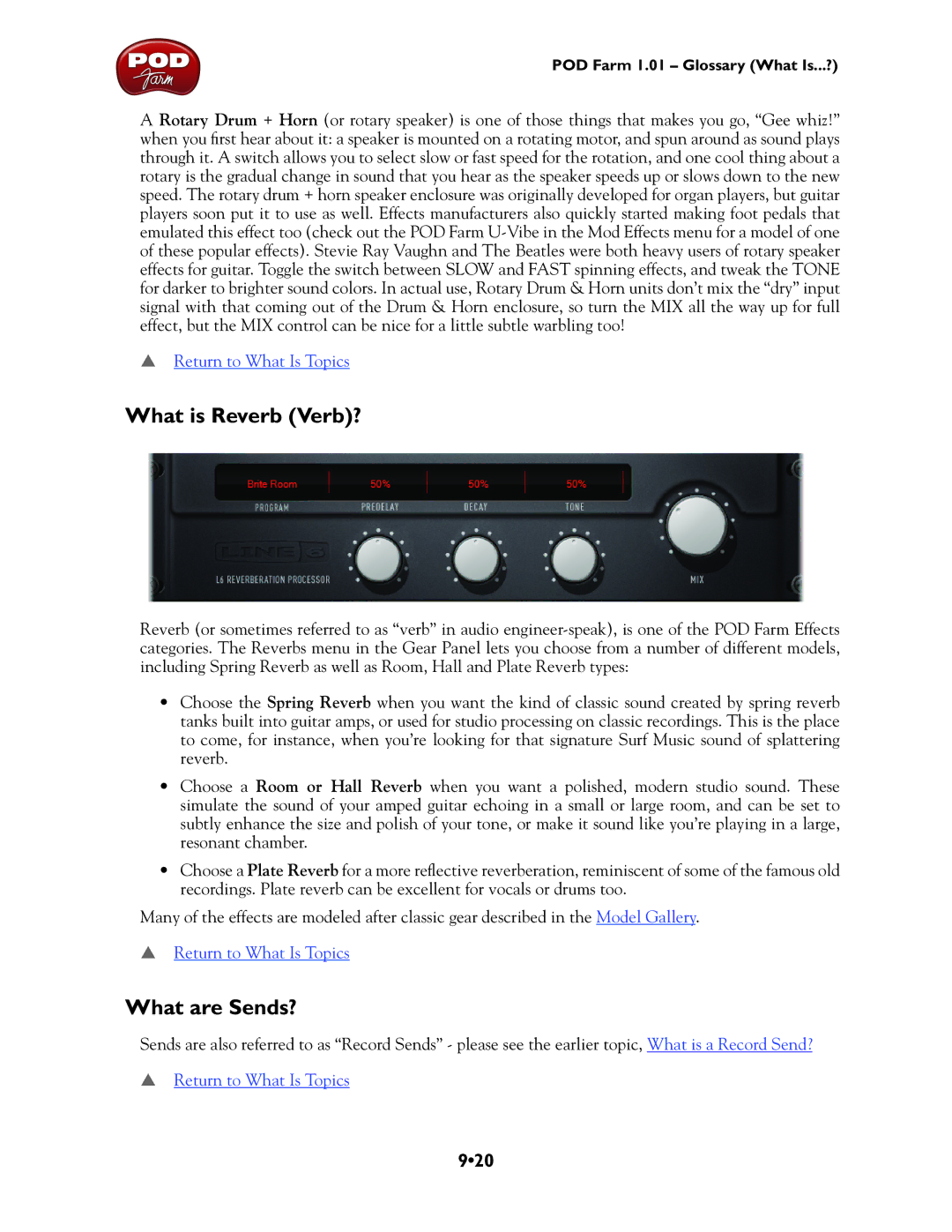 Line 6 TonePort KB37, TonePort UX8, TonePort DI, GX, UX1, UX2 manual What is Reverb Verb?, What are Sends?, 920 