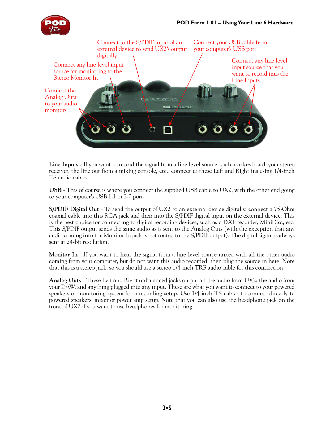 Line 6 TonePort DI, TonePort UX8, GX, UX1, TonePort KB37, UX2 manual POD Farm 1.01 UsingYour Line 6 Hardware 