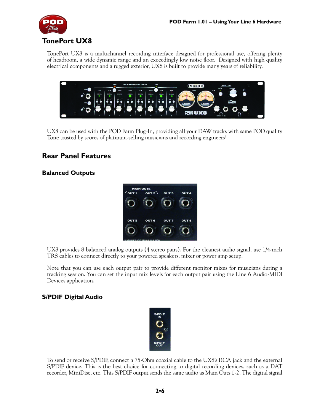 Line 6 GX, TonePort DI, UX1, TonePort KB37, UX2 manual TonePort UX8, Rear Panel Features, Balanced Outputs, Pdif Digital Audio 