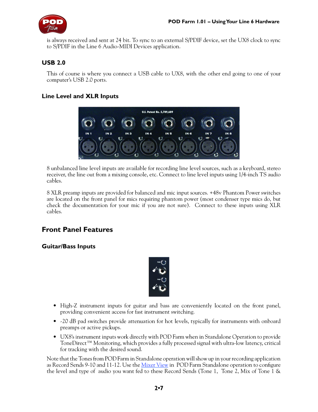 Line 6 UX1, TonePort UX8, TonePort DI, GX, UX2 manual Front Panel Features, Usb, Line Level and XLR Inputs, Guitar/Bass Inputs 