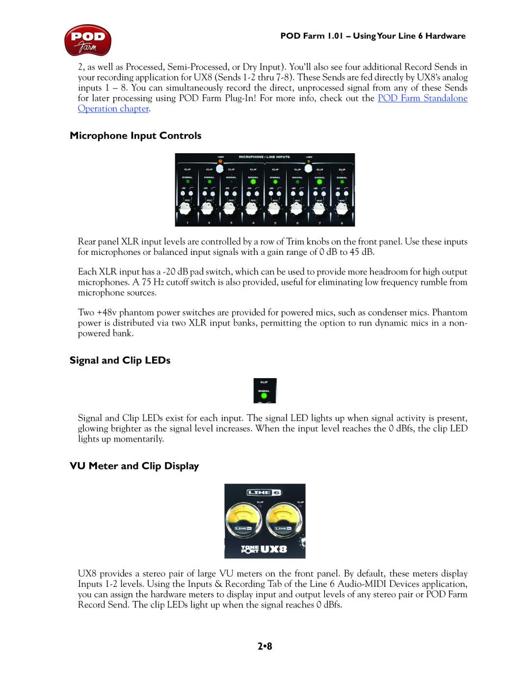 Line 6 TonePort KB37, TonePort UX8, TonePort DI Microphone Input Controls, Signal and Clip LEDs, VU Meter and Clip Display 