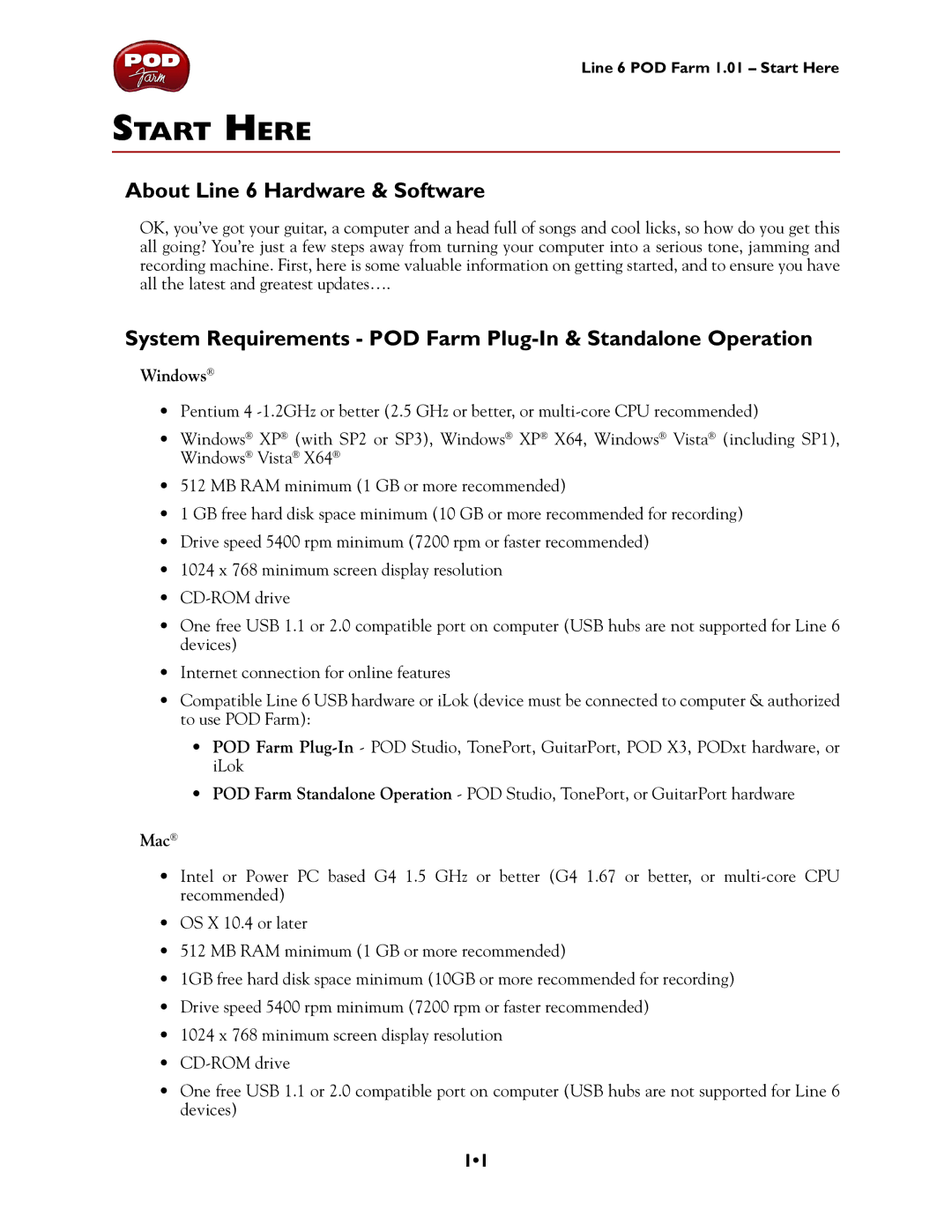 Line 6 TonePort KB37 About Line 6 Hardware & Software, System Requirements POD Farm Plug-In & Standalone Operation, Mac 