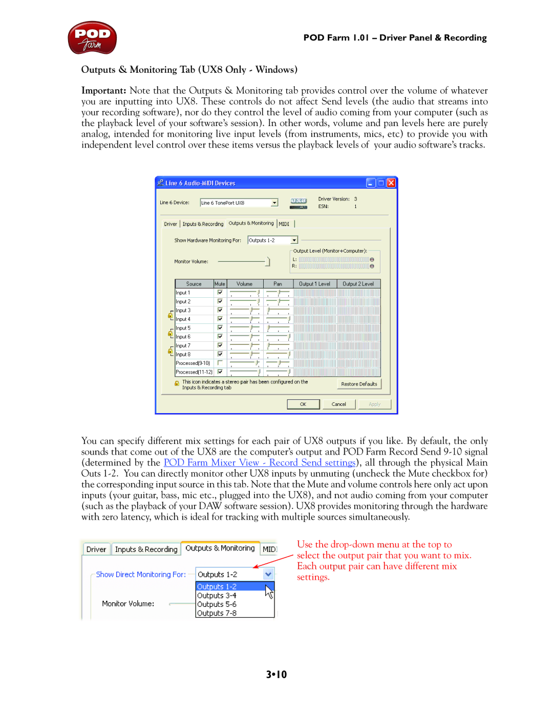 Line 6 GX, TonePort UX8, TonePort DI, UX1, TonePort KB37, UX2 manual 310, Outputs & Monitoring Tab UX8 Only Windows 