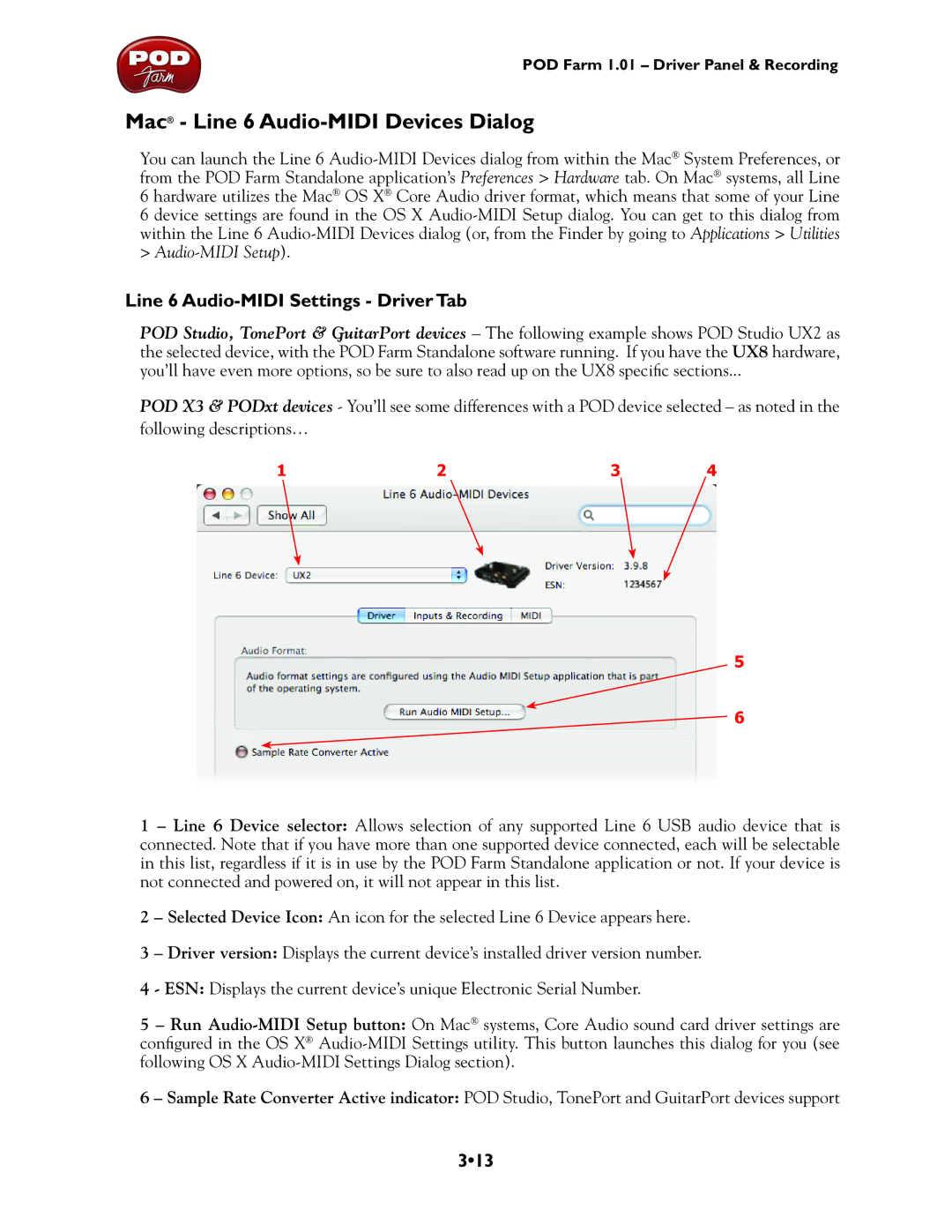 Line 6 UX2, TonePort UX8, TonePort DI, GX Mac Line 6 Audio-MIDI Devices Dialog, Line 6 Audio-MIDI Settings Driver Tab, 313 