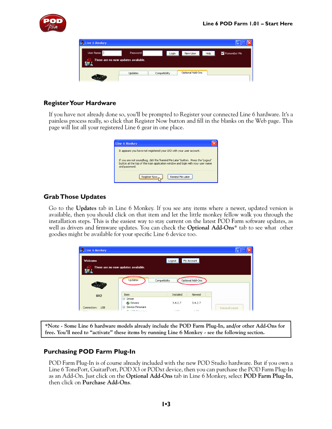 Line 6 TonePort UX8, TonePort DI, GX, UX1, UX2 manual RegisterYour Hardware, Grab Those Updates, Purchasing POD Farm Plug-In 