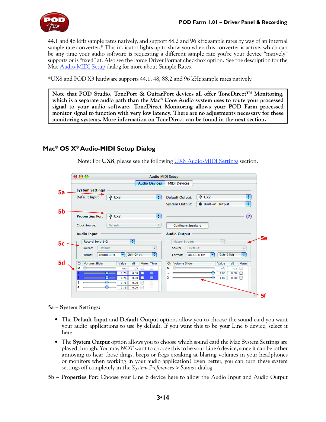 Line 6 TonePort UX8, TonePort DI, GX, UX1, TonePort KB37, UX2 manual Mac OS X Audio-MIDI Setup Dialog, 314, 5a System Settings 