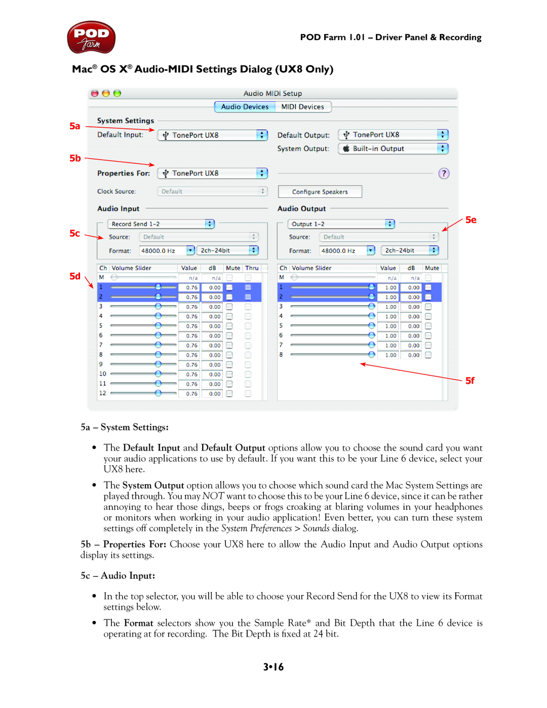 Line 6 GX, TonePort UX8, TonePort DI, UX1, TonePort KB37, UX2 manual Mac OS X Audio-MIDI Settings Dialog UX8 Only, 316 