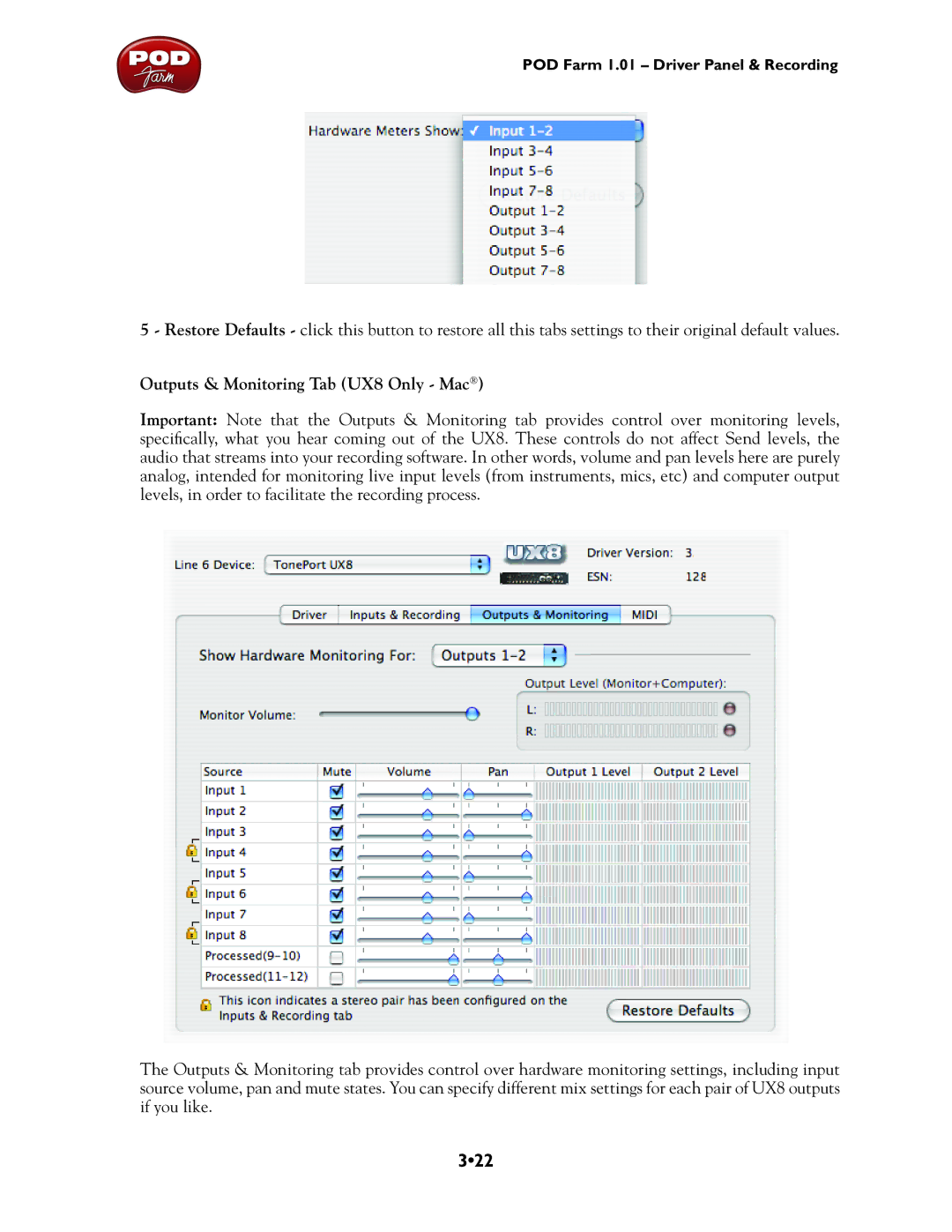 Line 6 GX, TonePort UX8, TonePort DI, UX1, TonePort KB37, UX2 manual 322, Outputs & Monitoring Tab UX8 Only Mac 