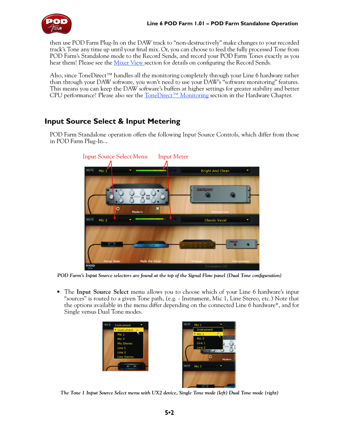 Line 6 UX2, TonePort UX8, TonePort DI, GX, UX1 Input Source Select & Input Metering, Input Source Select Menu Input Meter 