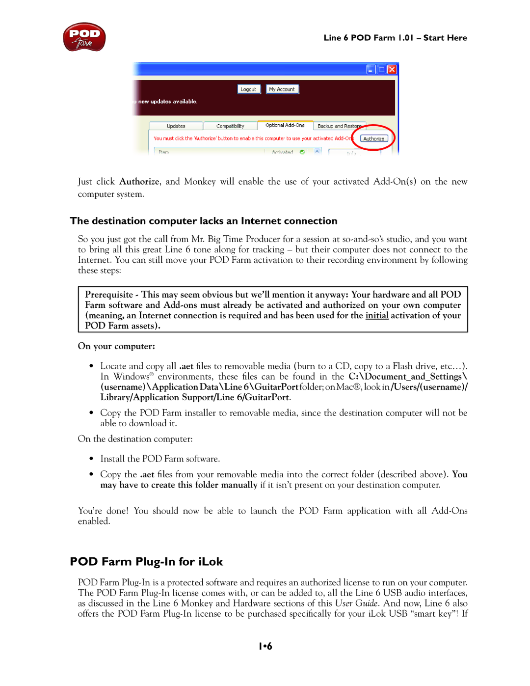 Line 6 UX1, TonePort UX8, TonePort DI, GX, UX2 POD Farm Plug-In for iLok, Destination computer lacks an Internet connection 