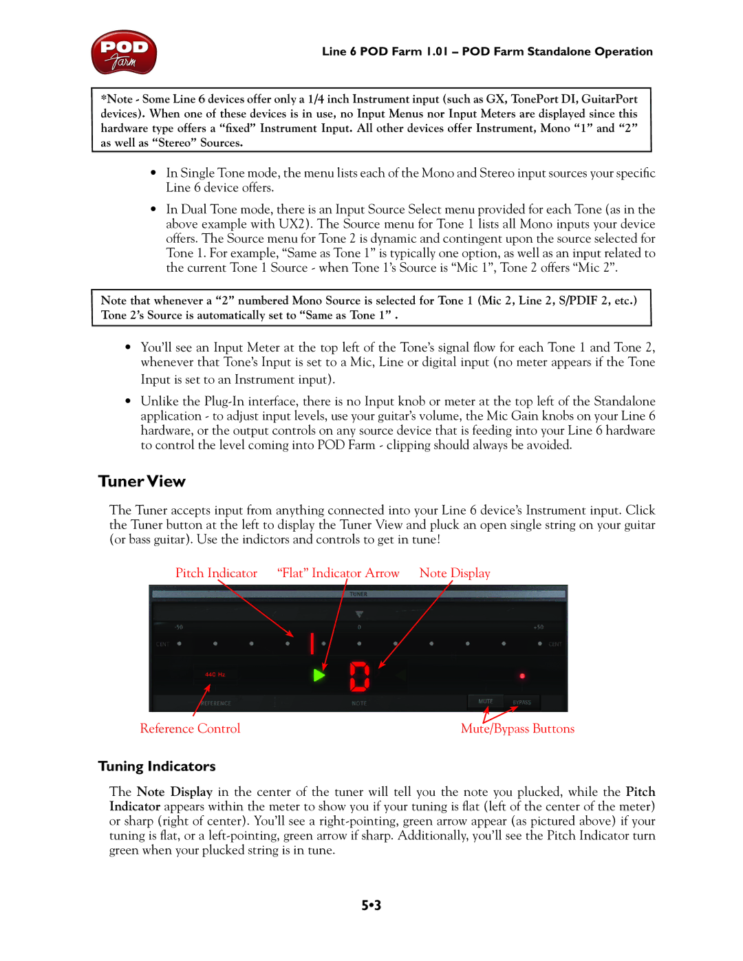 Line 6 TonePort UX8, TonePort DI, GX, UX1, TonePort KB37, UX2 manual Tuner View, Tuning Indicators 