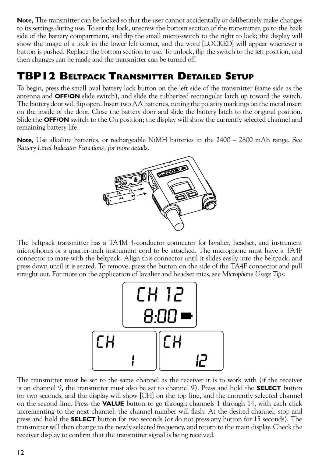 Line 6 XD-V75 manual TBP12 Beltpack Transmitter Detailed Setup 