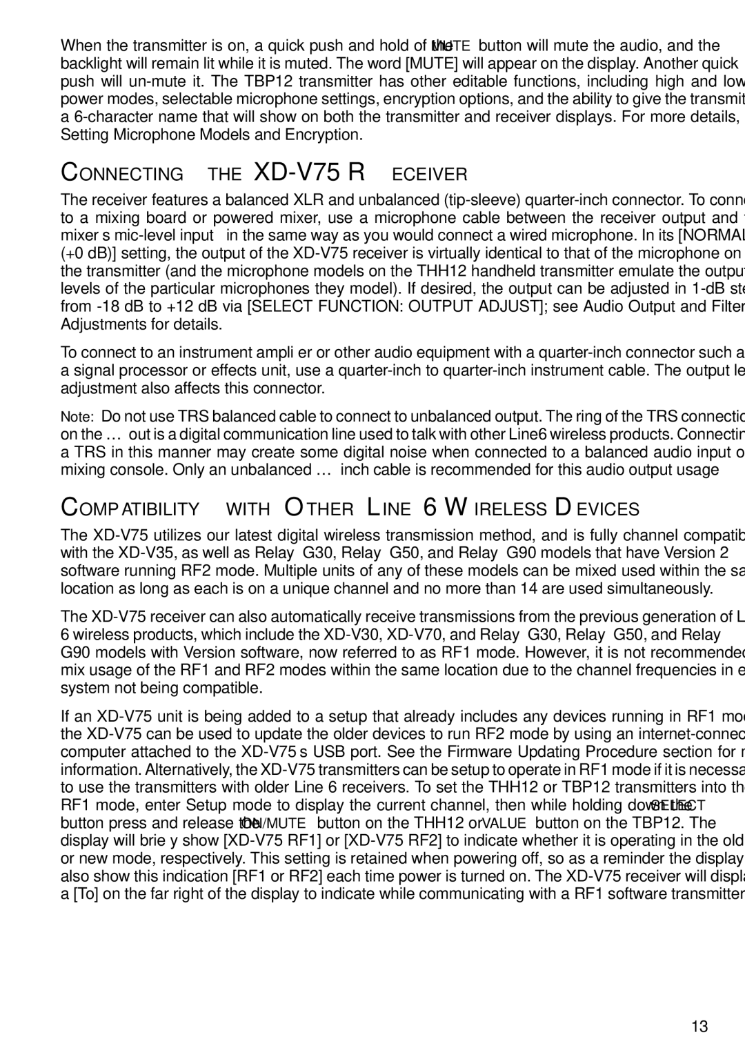 Line 6 manual Connecting the XD-V75 Receiver, Compatibility with Other Line 6 Wireless Devices 