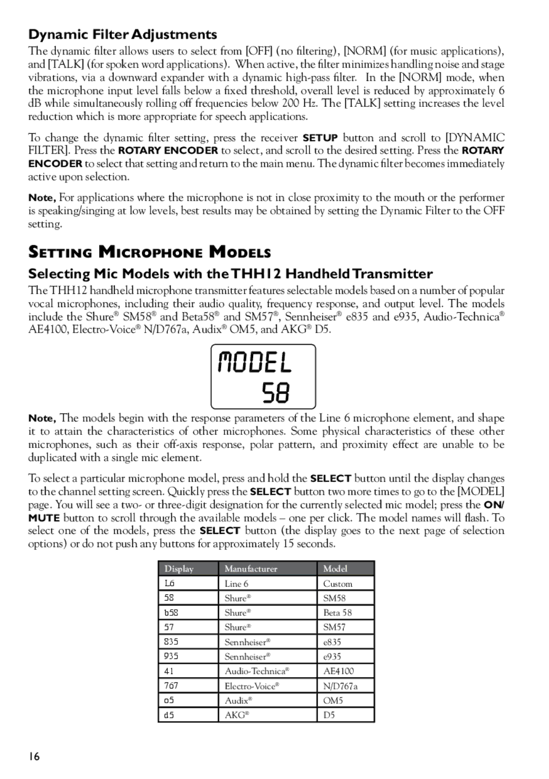 Line 6 XD-V75 manual Dynamic Filter Adjustments, Selecting Mic Models with the THH12 Handheld Transmitter 
