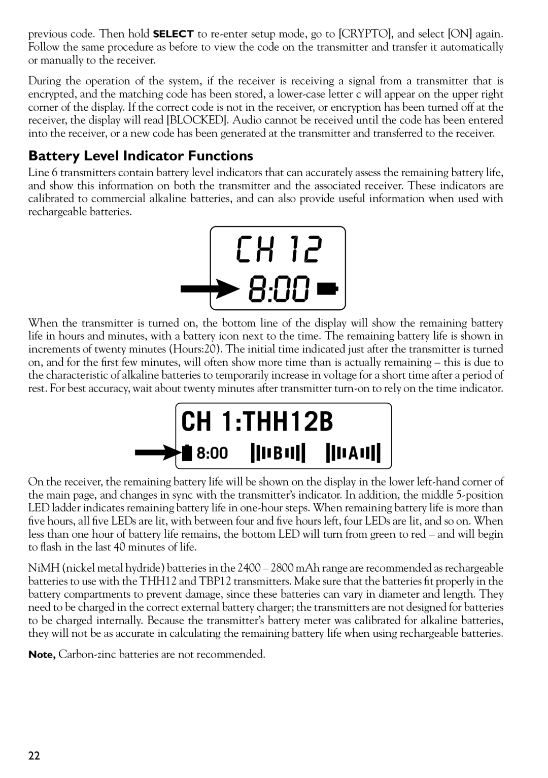 Line 6 XD-V75 manual CH 1THH12B, Battery Level Indicator Functions 