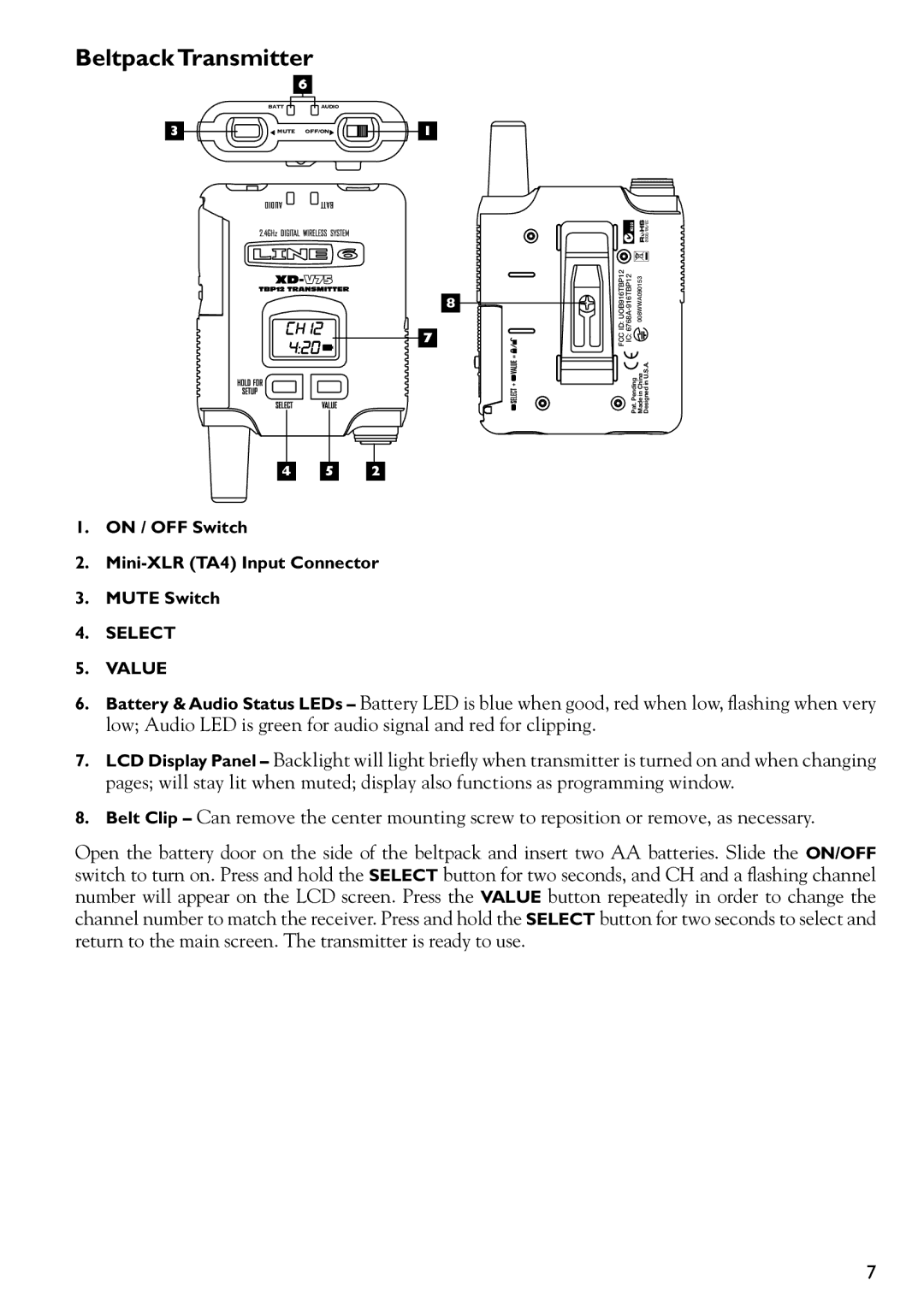 Line 6 XD-V75 manual Beltpack Transmitter, Audio 