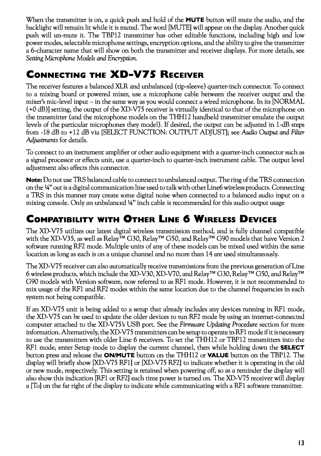 Line 6 manual Connecting the XD-V75Receiver, Compatibility with Other Line 6 Wireless Devices 