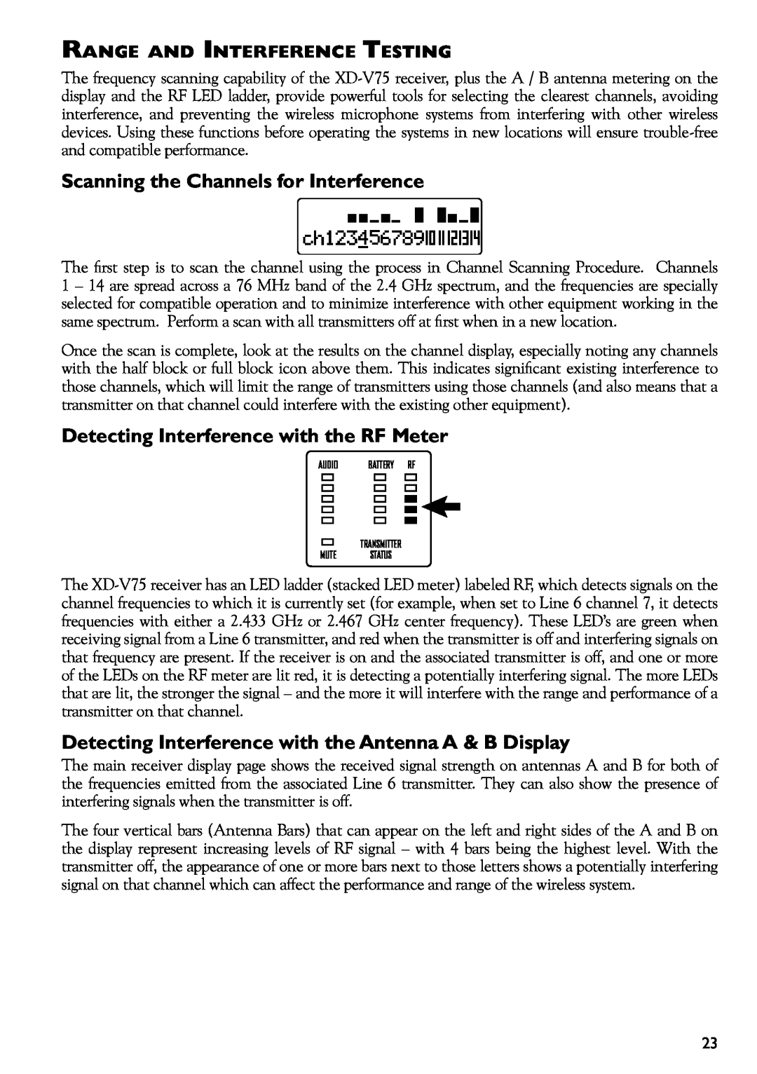 Line 6 XD-V75 manual Scanning the Channels for Interference, Detecting Interference with the RF Meter 