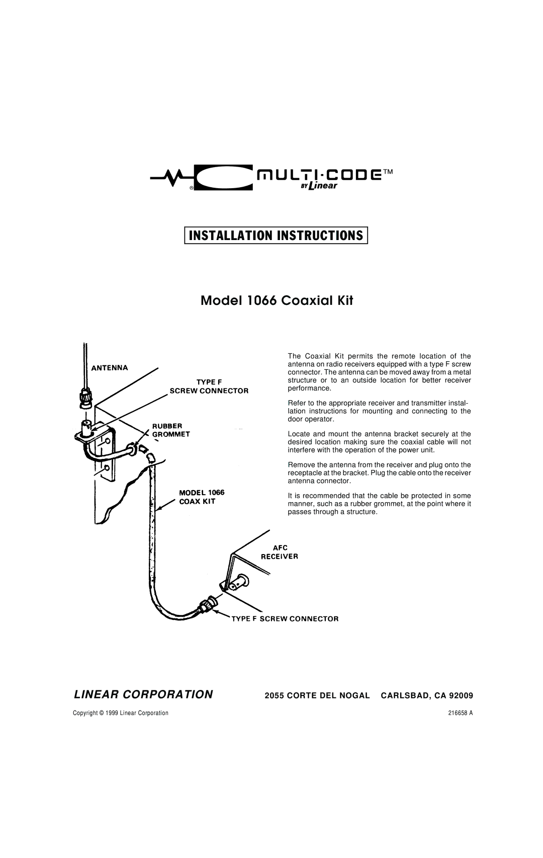 Linear installation instructions Installation Instructions, Model 1066 Coaxial Kit 