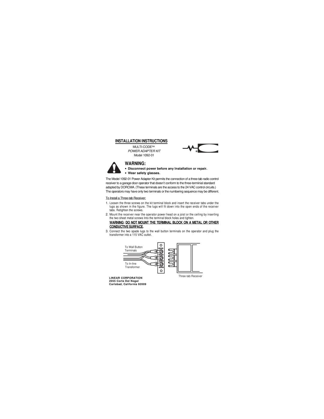 Linear 1092-01 installation instructions Installation Instructions, Power Adapter Kit, ∙ Wear safety glasses 