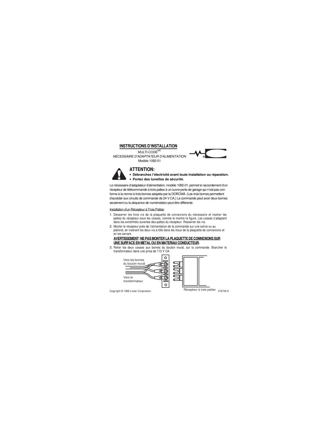 Linear 1092-01 Instructions D’Installation, Nécessaire D’Adaptateur D’Alimentation, ∙ Portez des lunettes de sécurité 