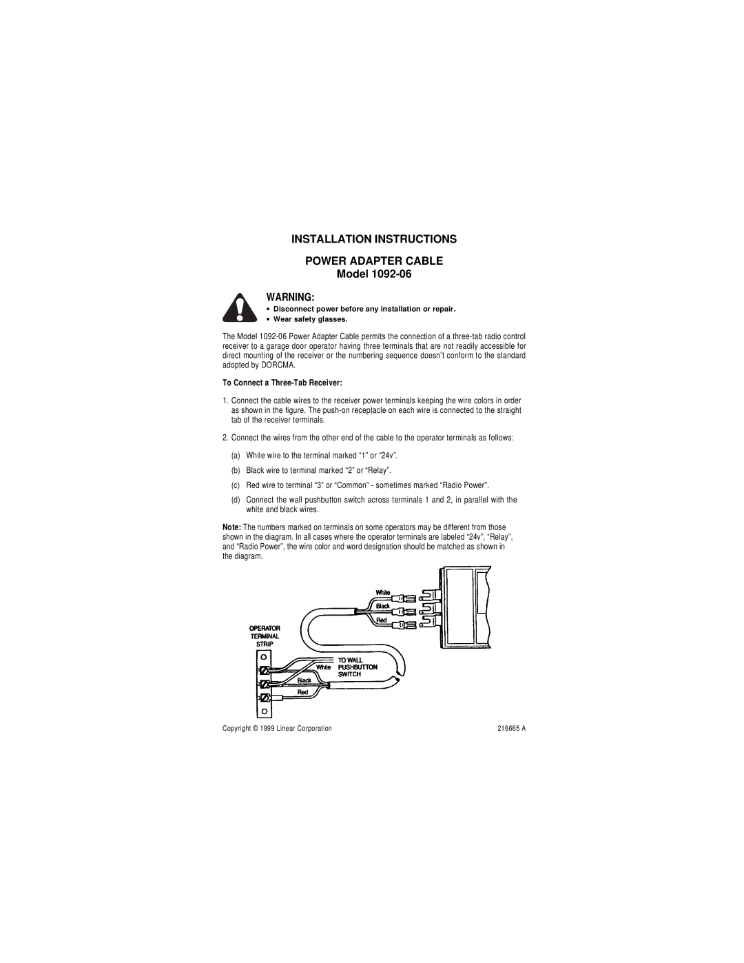 Linear 1092-06 installation instructions Installation Instructions Power Adapter Cable, Model 