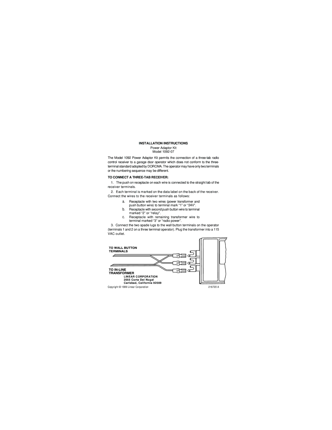 Linear 1092-07 installation instructions Installation Instructions, To Connect a THREE-TAB Receiver 