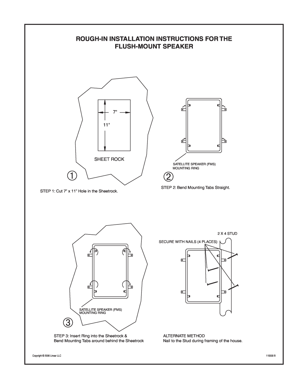 Linear 115500 B installation instructions Rough-Ininstallation Instructions For The, Flush-Mountspeaker, 7 11 SHEET ROCK 