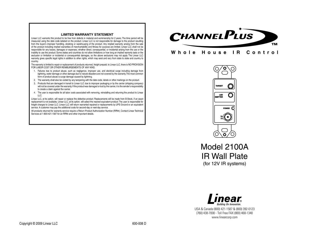 Linear 2100A warranty Limited Warranty Statement 