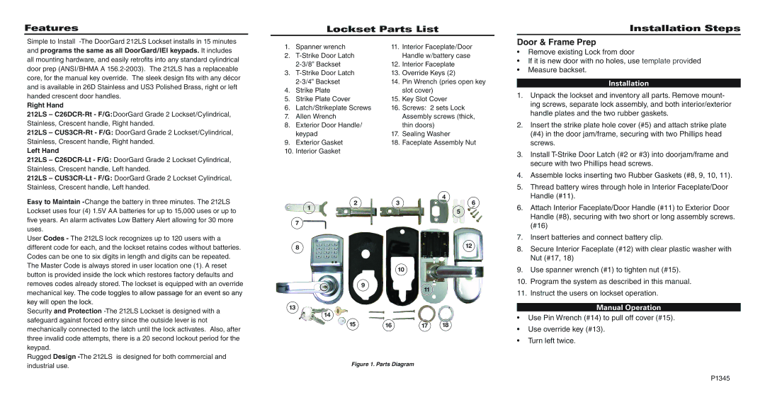 Linear 212LS-C26DCR-LT manual Features, Lockset Parts List, Installation Steps Door & Frame Prep, Manual Operation 