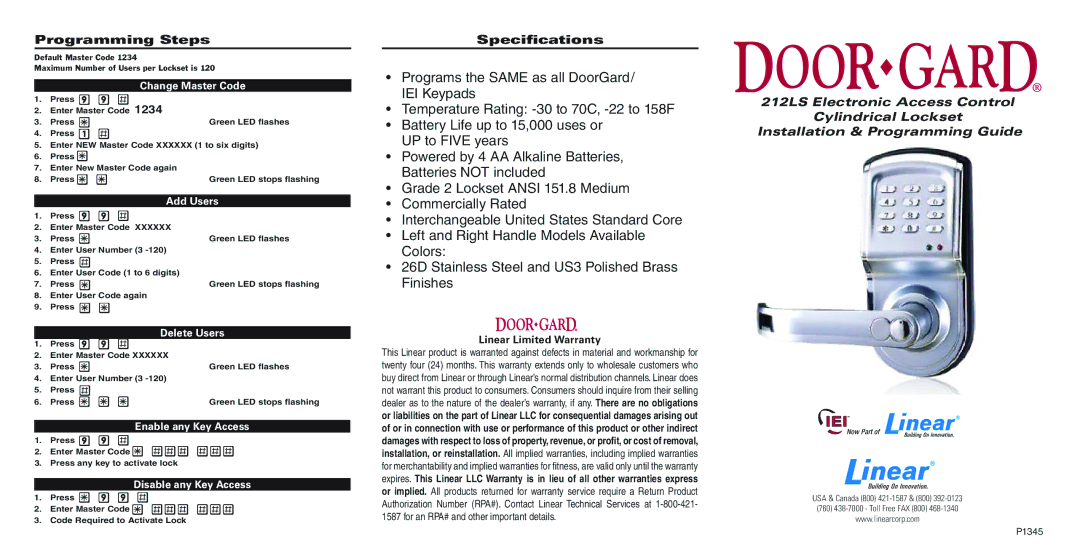 Linear 212LS-C26DCR-LT manual Programming Steps, Specifications 