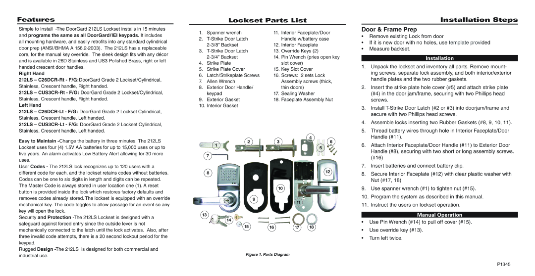 Linear 212LS-C26DCR-LT manual Features, Lockset Parts List, Installation Steps, Manual Operation, Door & Frame Prep 