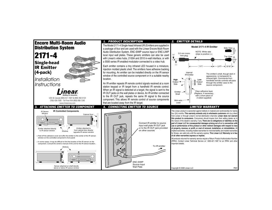 Linear 2171-4 installation instructions Encore Multi-Room Audio, Distribution System, IR Emitter, Pack 