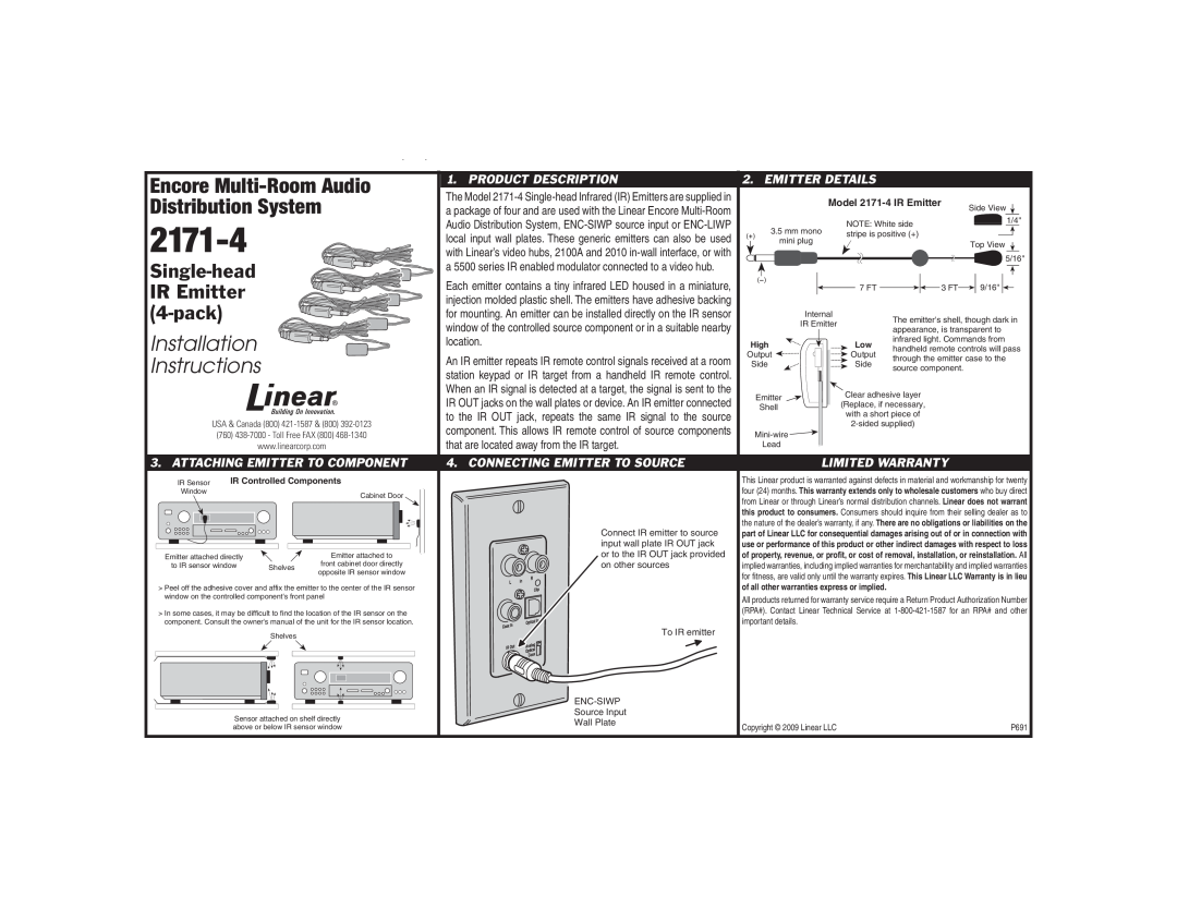 Linear 2171-4 installation instructions Encore Multi-RoomAudio, Distribution System, IR Emitter, pack, Installation 