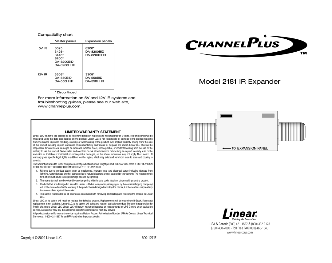 Linear 2181 warranty Copyright 2009 Linear LLC, Limited Warranty Statement, 600-127 E 