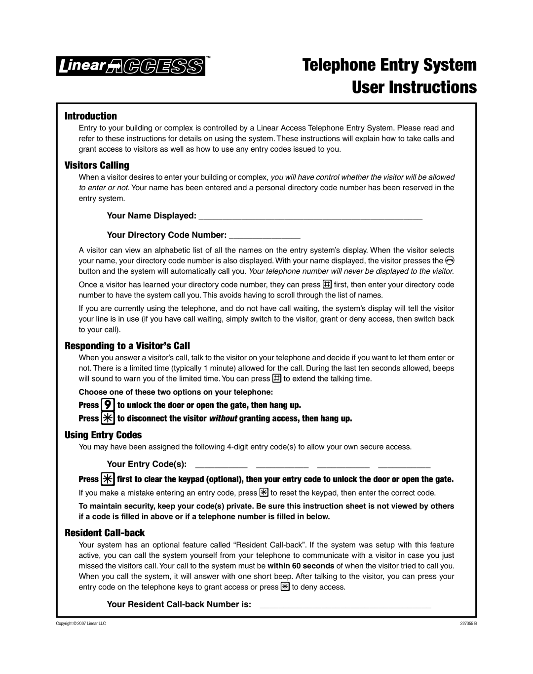 Linear 227355 B instruction sheet Telephone Entry System User Instructions 