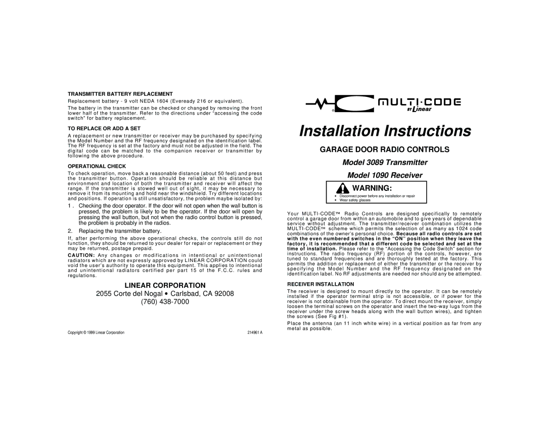 Linear 1090, 3089 installation instructions Transmitter Battery Replacement, To Replace or ADD a SET, Operational Check 