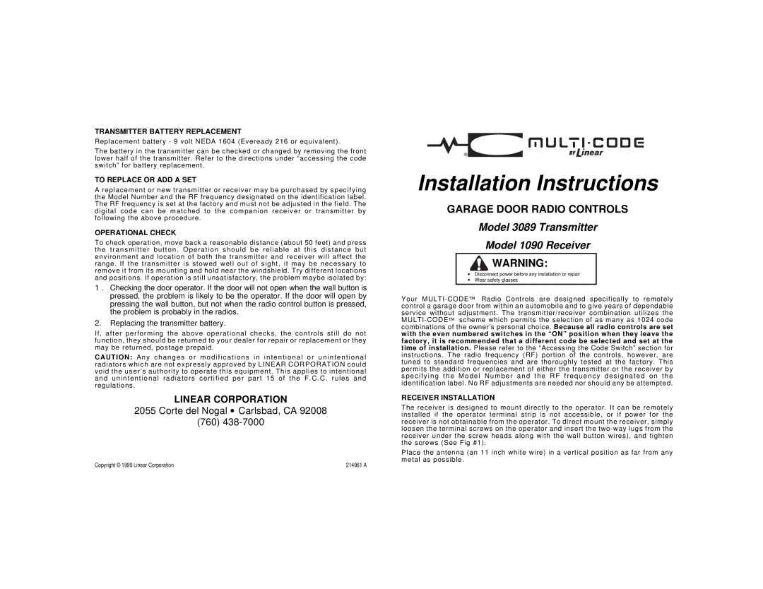 Linear 1090, 3089 installation instructions Transmitter Battery Replacement, To Replace Or Add A Set, Operational Check 