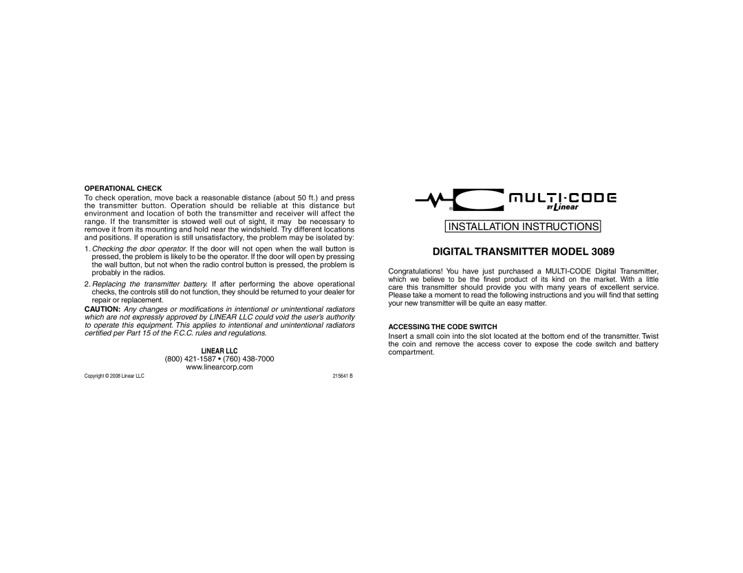 Linear 3089 installation instructions Digital Transmitter Model 