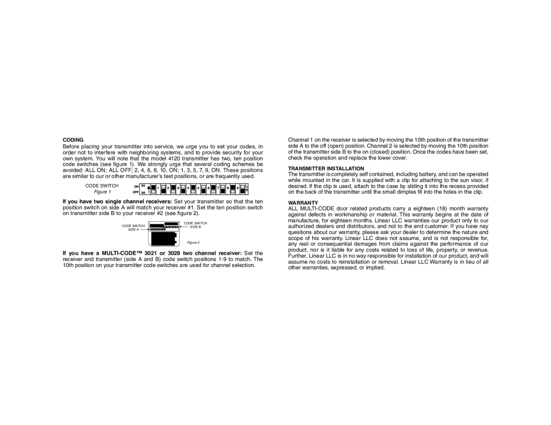 Linear 4120 installation instructions Coding, Transmitter Installation, Warranty 