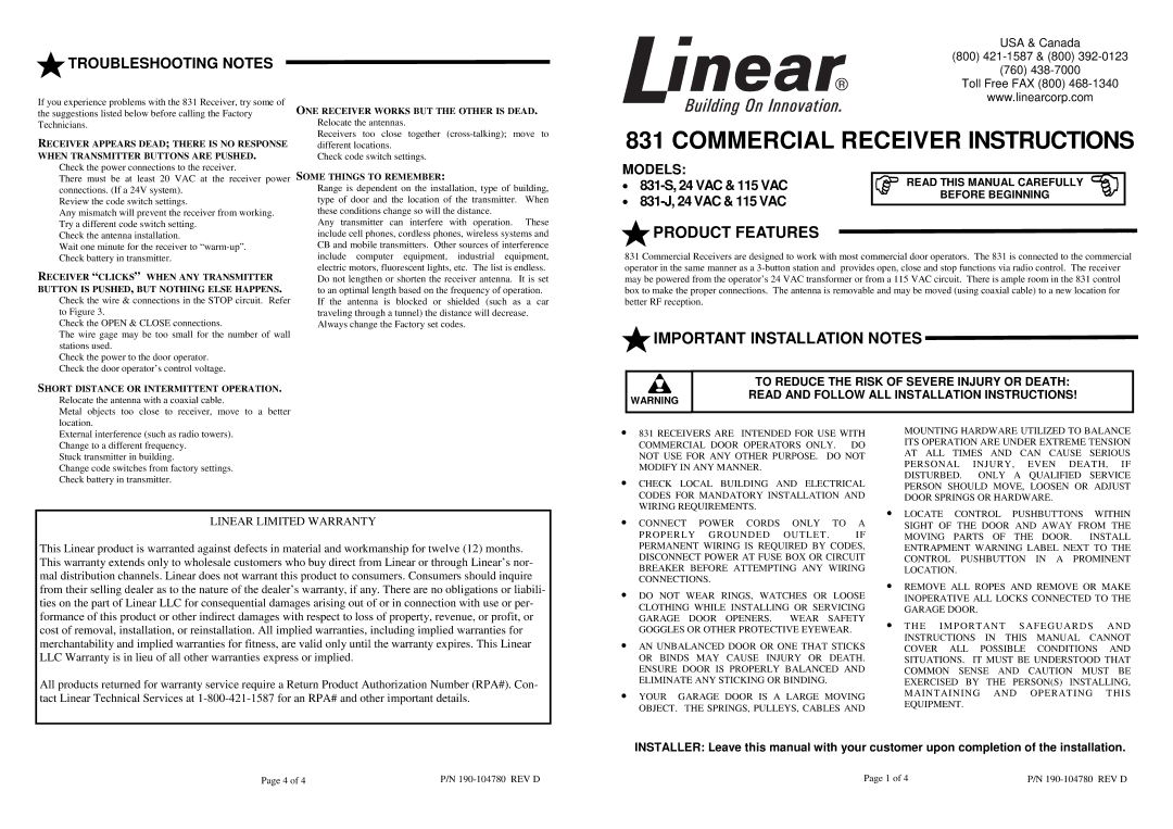 Linear 831-J, 831-S warranty Product Features, Important Installation Notes, Troubleshooting Notes 