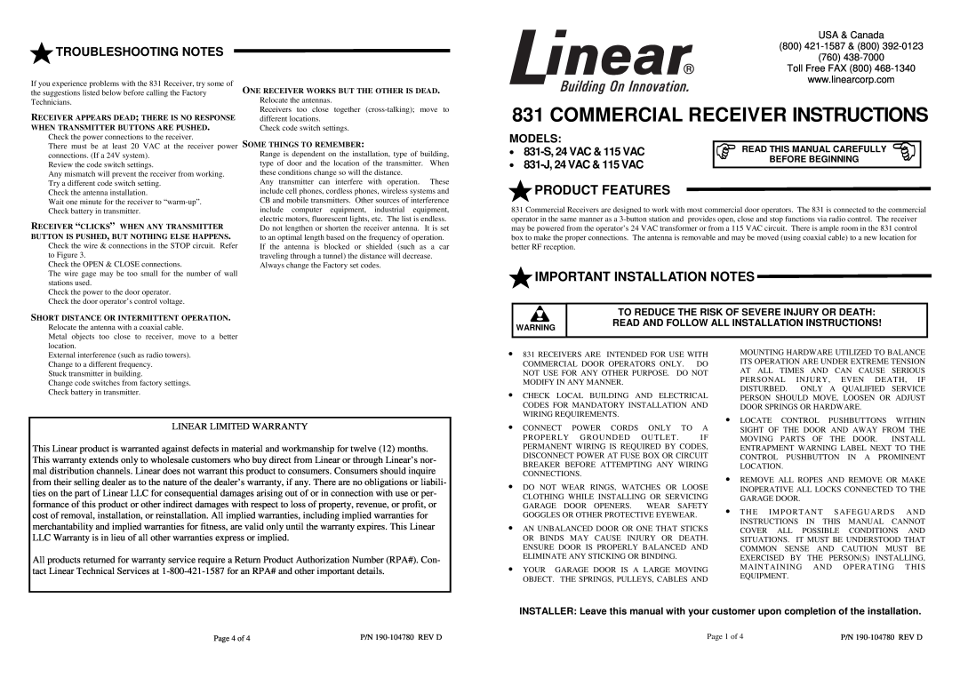 Linear 831-J warranty Troubleshooting Notes, Receiver Appears Dead There Is No Response, Some Things To Remember, Models 