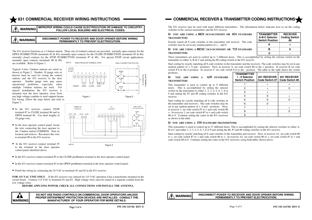 Linear 831-S, 831-J warranty Commercial Receiver Wiring Instructions, Commercial Receiver & Transmitter Coding Instructions 