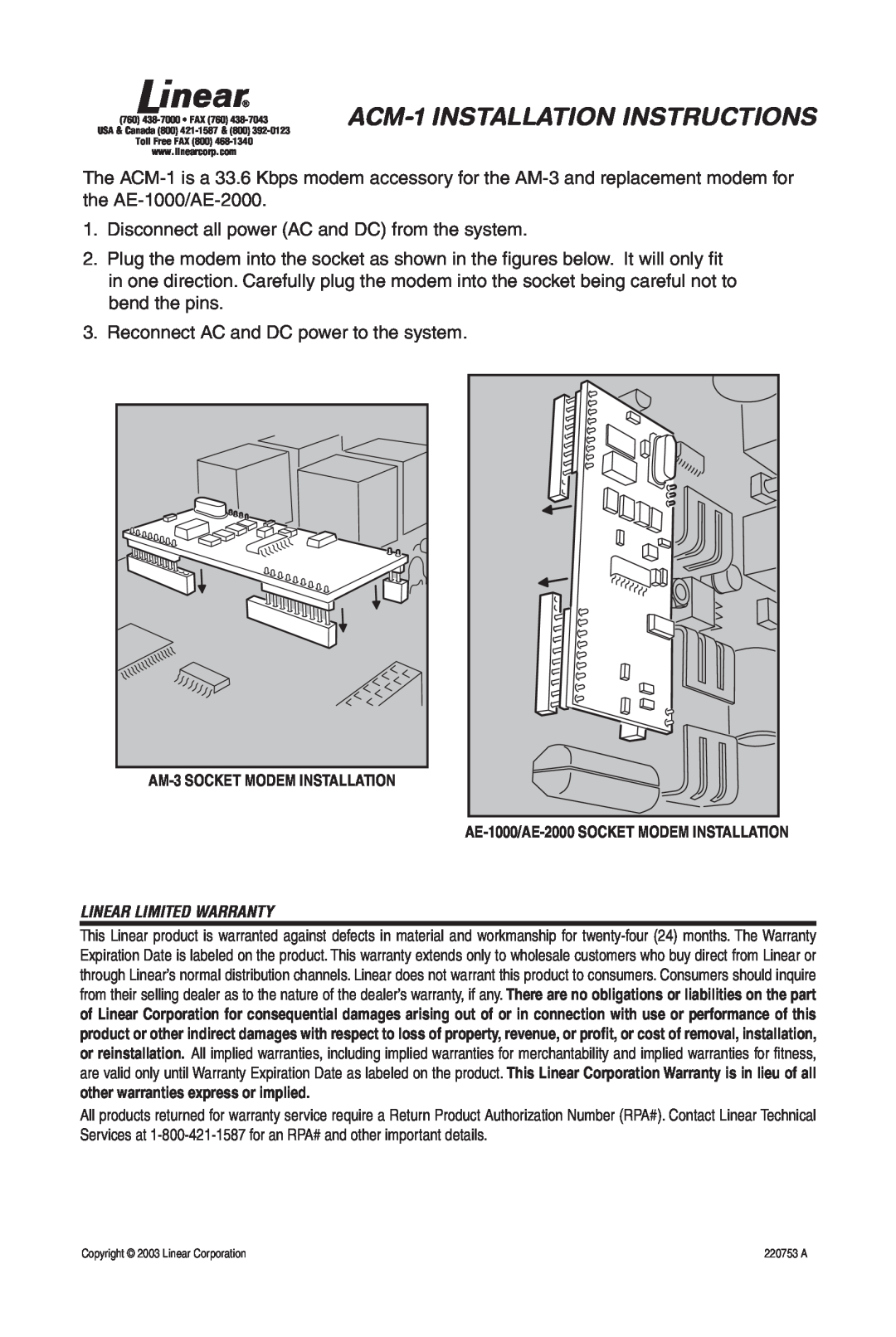 Linear installation instructions ACM-1 INSTALLATION INSTRUCTIONS, Disconnect all power AC and DC from the system 