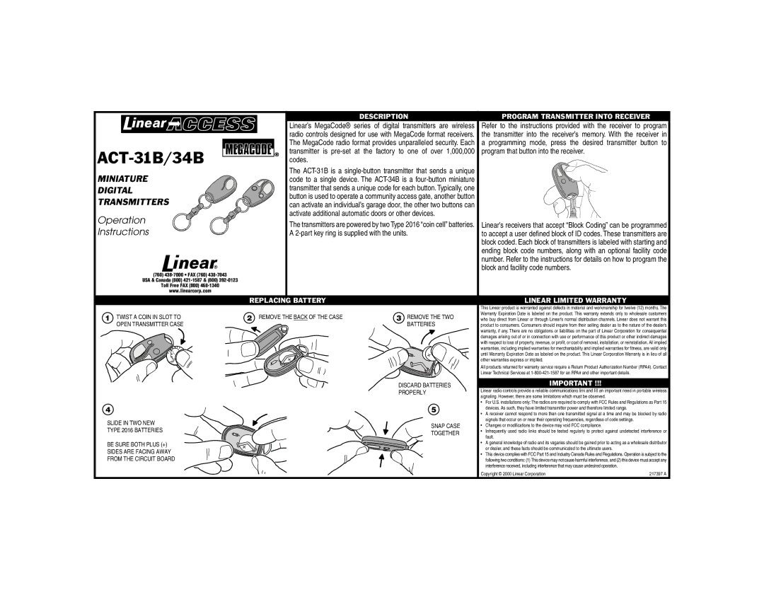 Linear ACT-31B/34B warranty Miniature, Digital, Transmitters, Operation, Instructions 